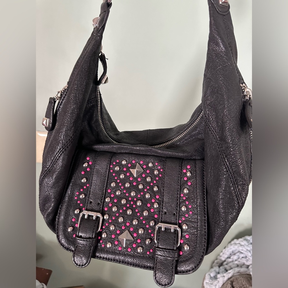 Betsey Johnson Black and Pink Leather Studded Shoulder Hobo Bag
